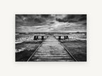 Monochrome Tempest Jetty, coastal canvas wall art print, front view