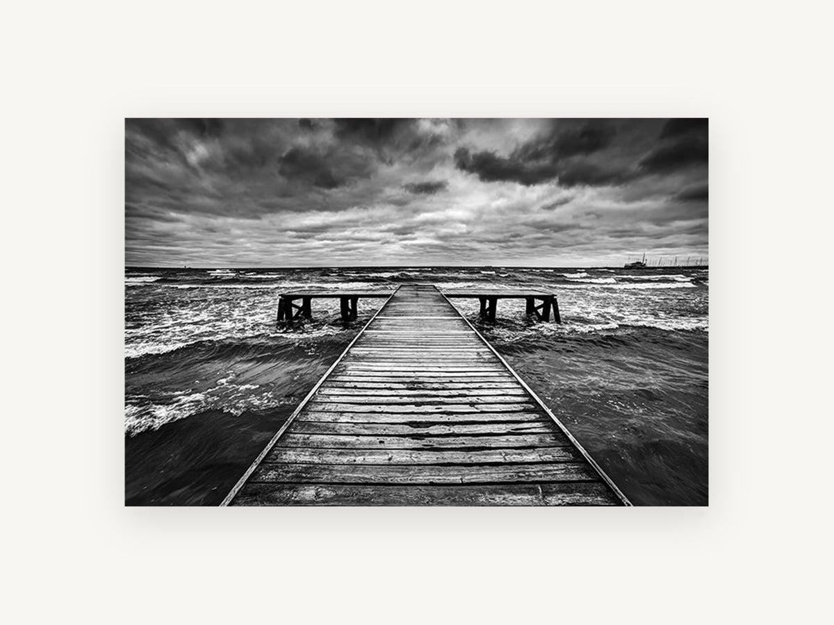 Monochrome Tempest Jetty, coastal canvas wall art print, front view