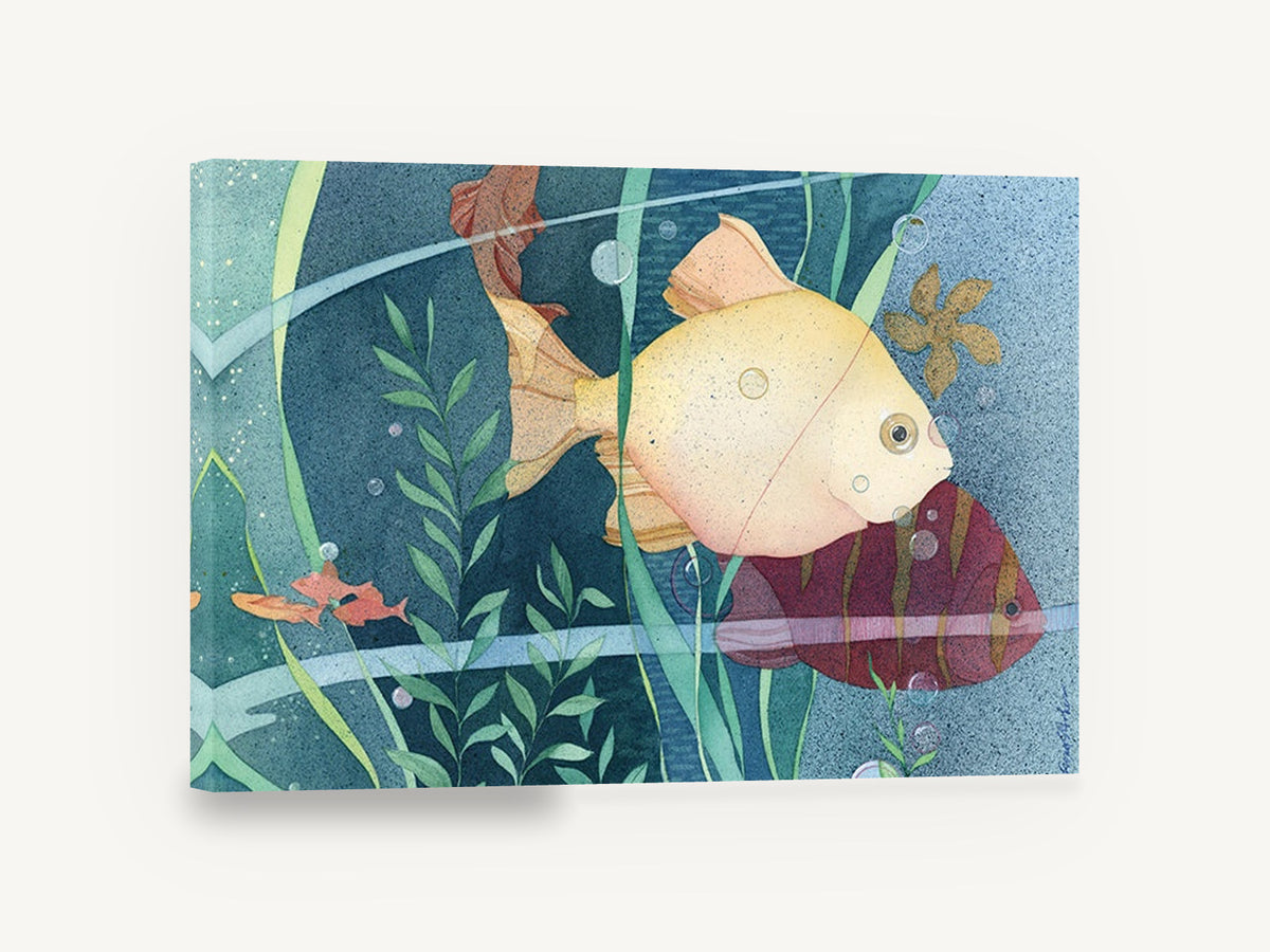 Cream Fish Among Reeds, cream fish aquarium watercolour, coastal canvas wall art print ready to hang