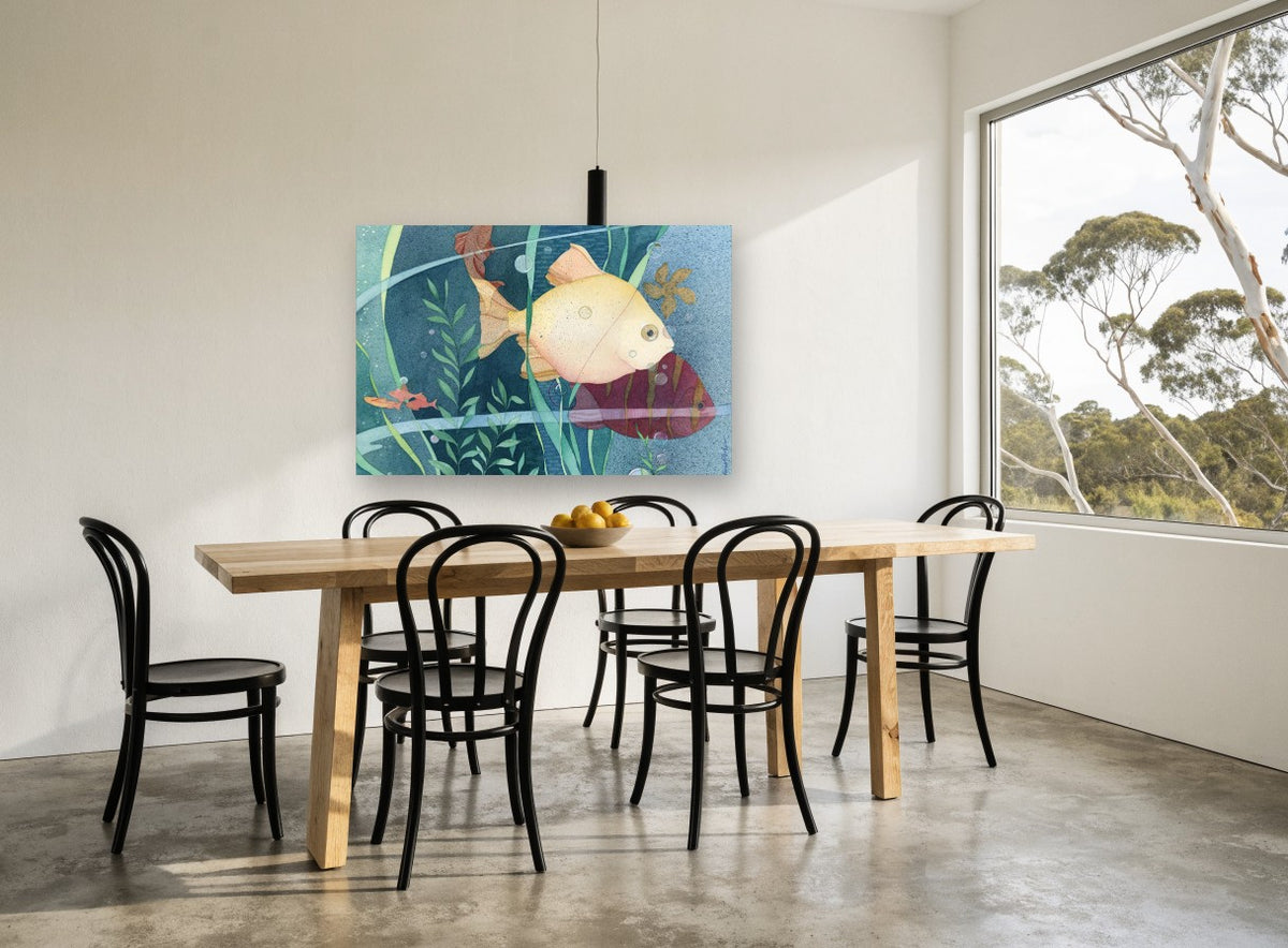 Cream Fish Among Reeds coastal canvas print on the wall of a dining room