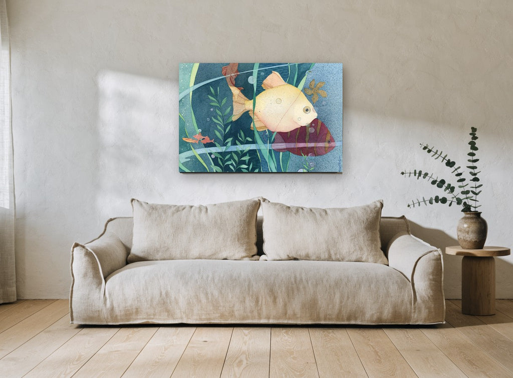 Cream Fish Among Reeds coastal canvas print on the wall of a living room