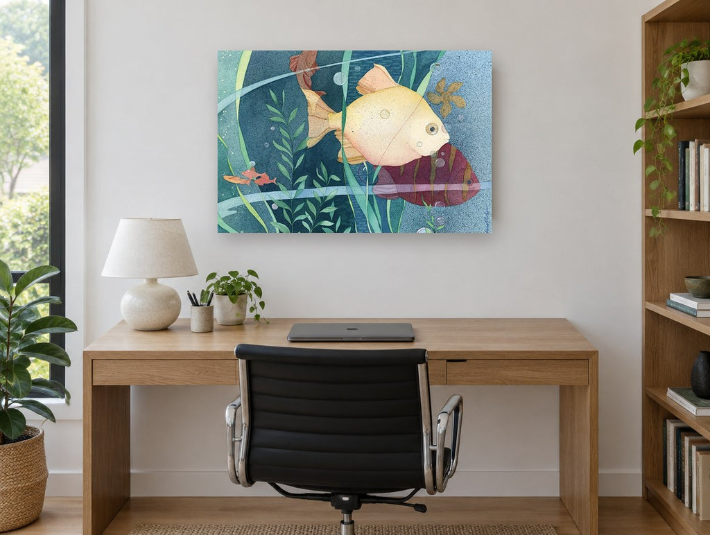 Cream Fish Among Reeds coastal canvas print on the wall of a study