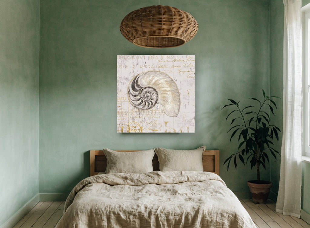 Gilded Nautilus Script vintage canvas print on the wall of a bedroom