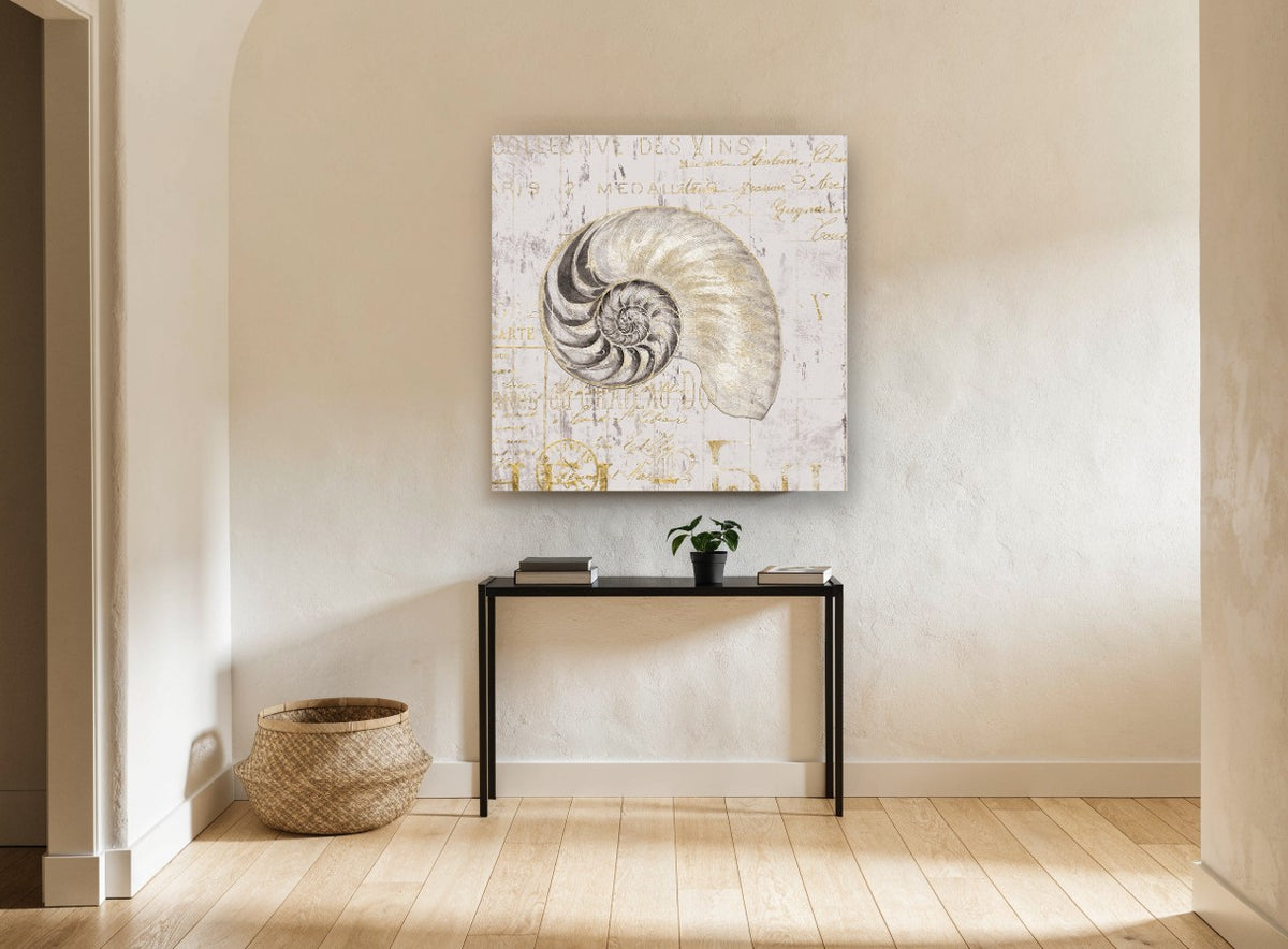 Gilded Nautilus Script vintage canvas print on the wall of a hallway