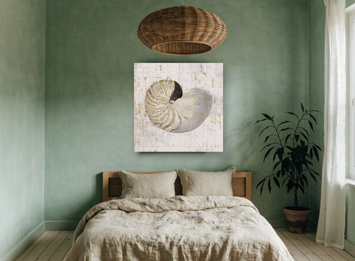 Gilded Nautilus Study vintage canvas print on the wall of a bedroom