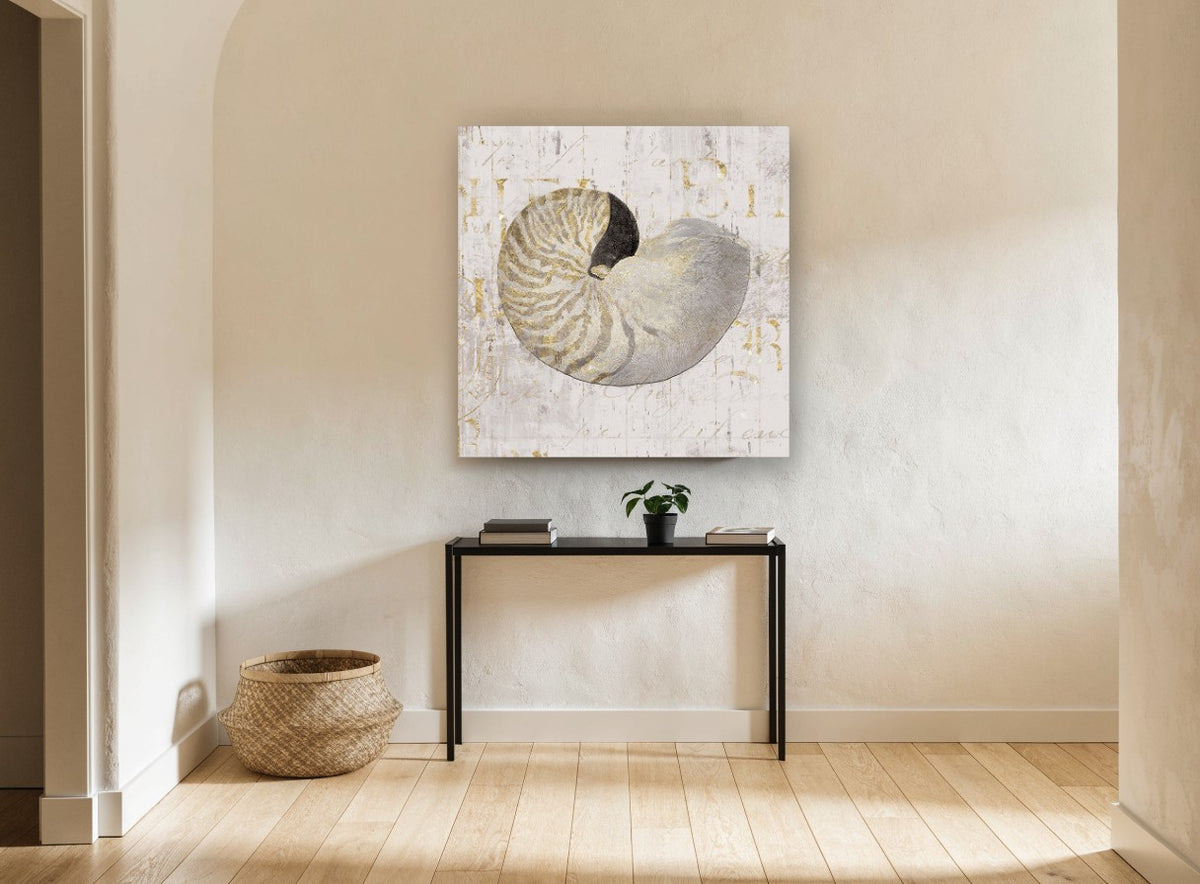 Gilded Nautilus Study vintage canvas print on the wall of a hallway