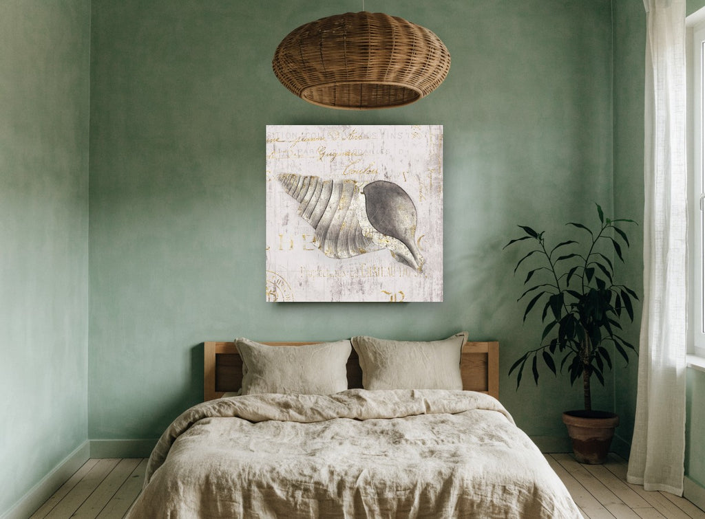 Gilded Whelk Shell vintage canvas print on the wall of a bedroom