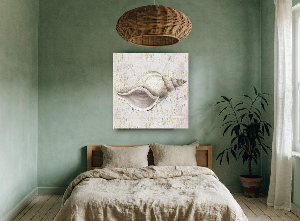 Gilded Whelk Shell vintage canvas print on the wall of a bedroom