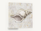 Gilded Whelk Shell, vintage gold seashell print on script, stretched canvas wall art print ready to hang