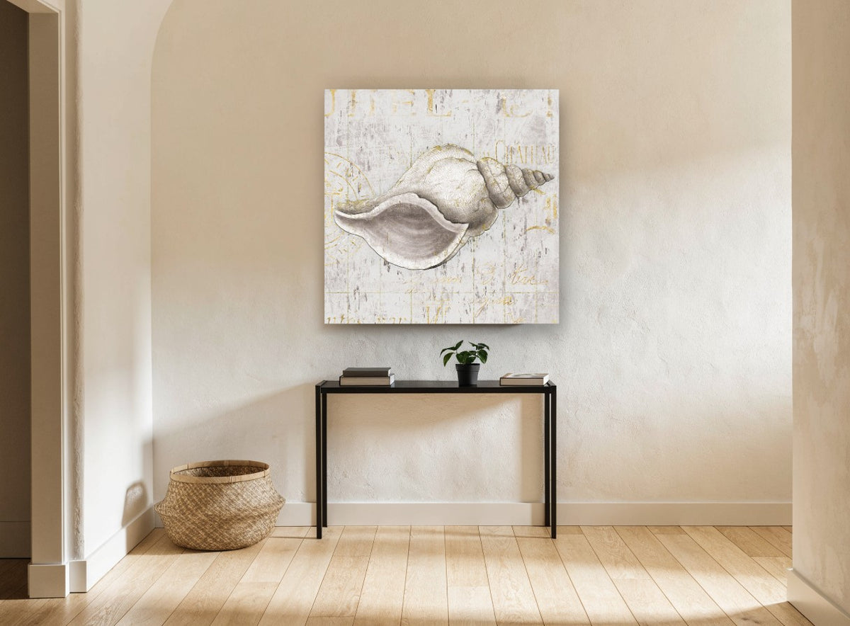 Gilded Whelk Shell vintage canvas print on the wall of a hallway