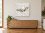Gilded Whelk Shell vintage canvas print on the wall of a living room above a sideboard