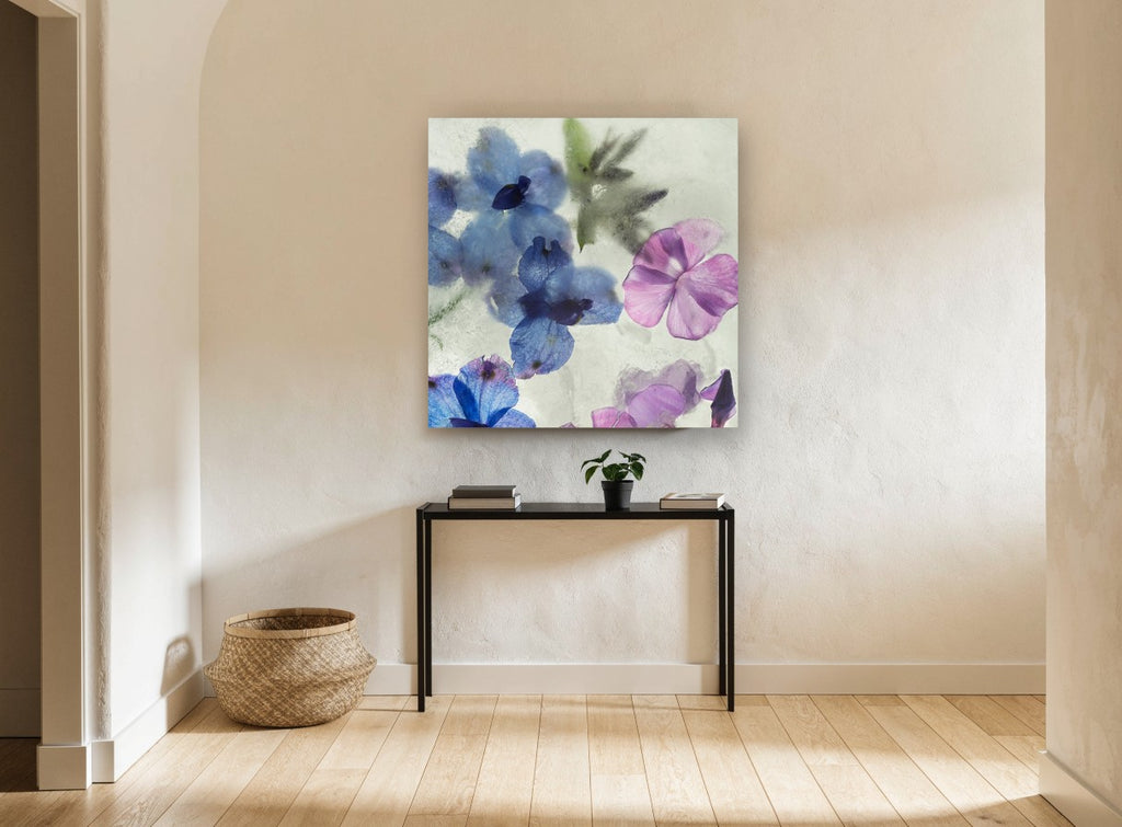 Blue Blooms in Ice floral canvas print on the wall of a hallway