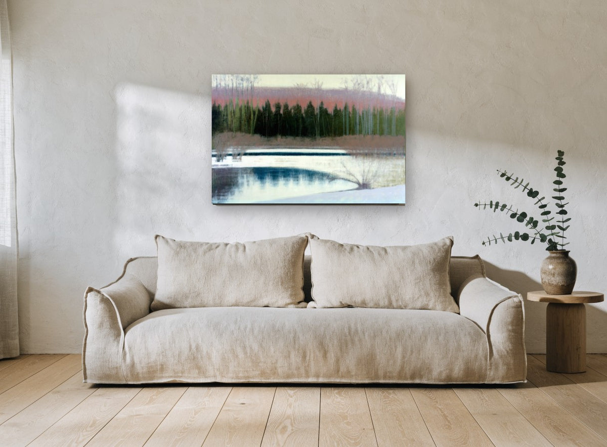 Winter Cedars Thaw landscape canvas print on the wall of a living room