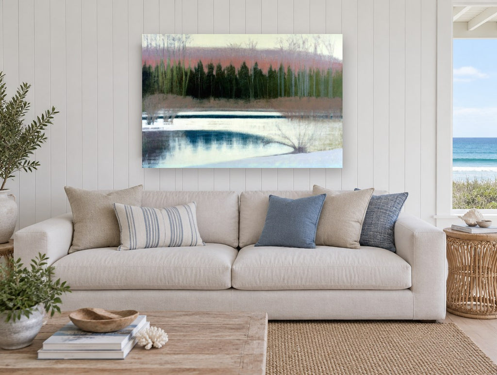 Winter Cedars Thaw landscape canvas print on the wall of a beach house living room