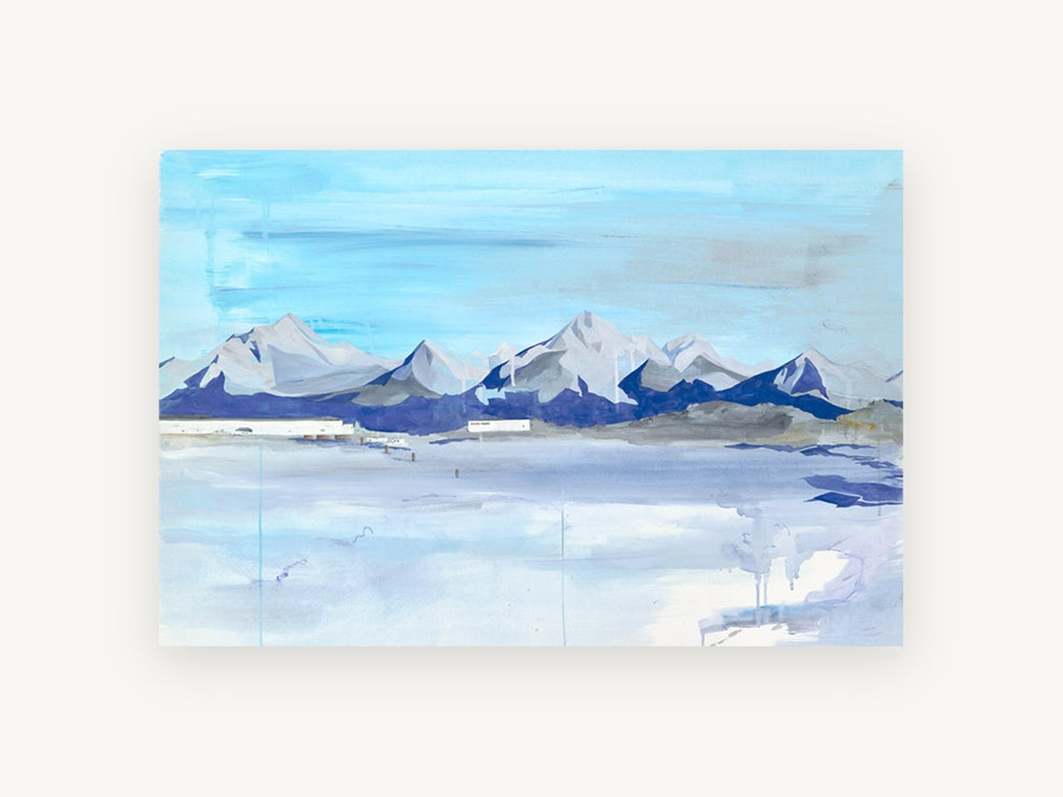 Blue Ridge Salt Flat, blue mountain range lake painting, landscape canvas wall art print, front view