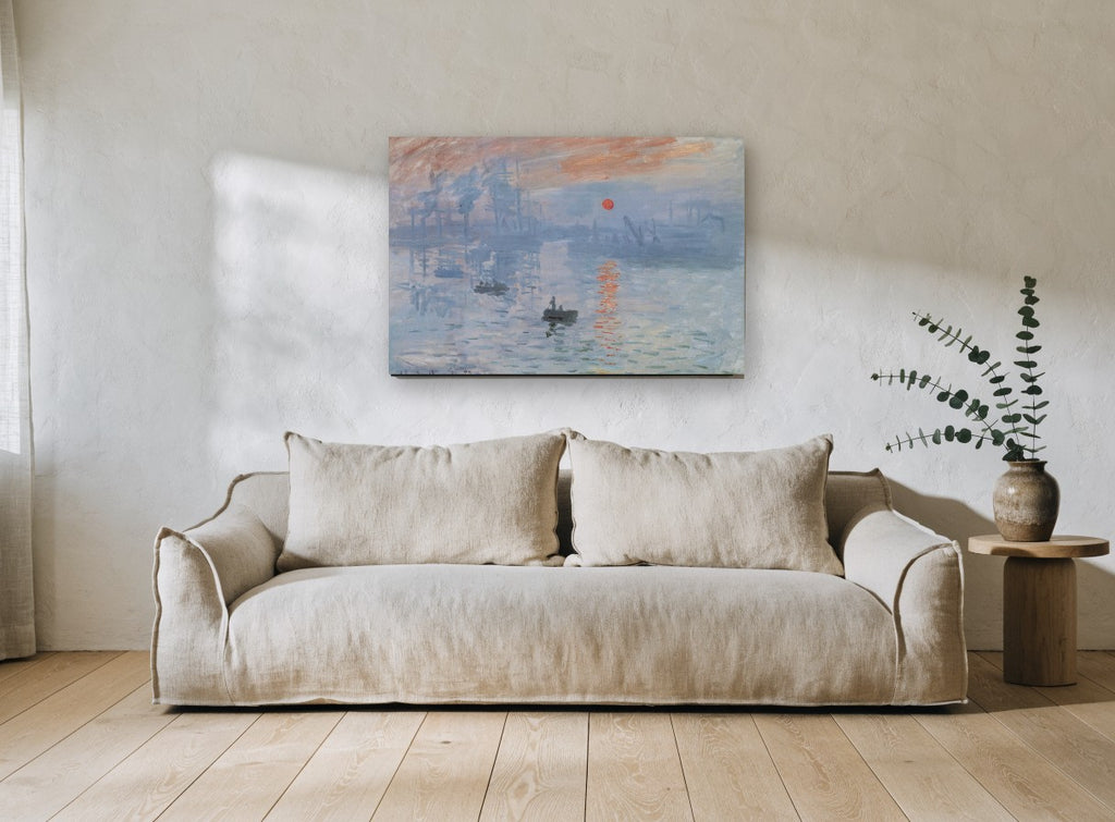 Harbour Sunrise Haze coastal canvas print on the wall of a living room