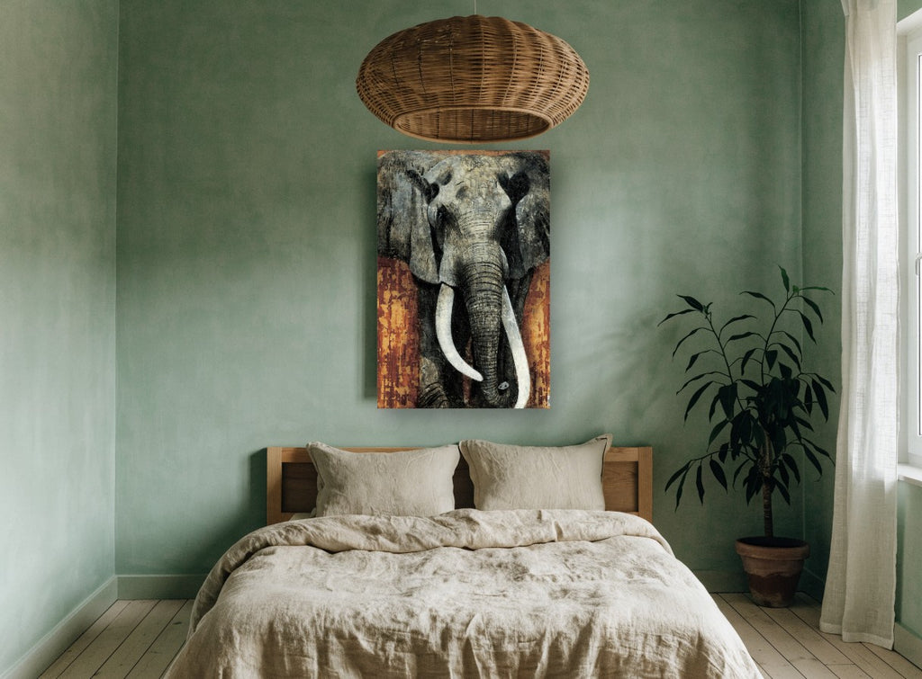 Rust Wall Elephant animal canvas print on the wall of a bedroom