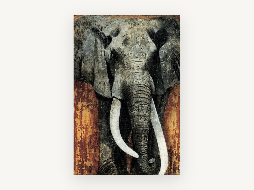 Rust Wall Elephant, african elephant textured portrait, animal canvas wall art print, front view