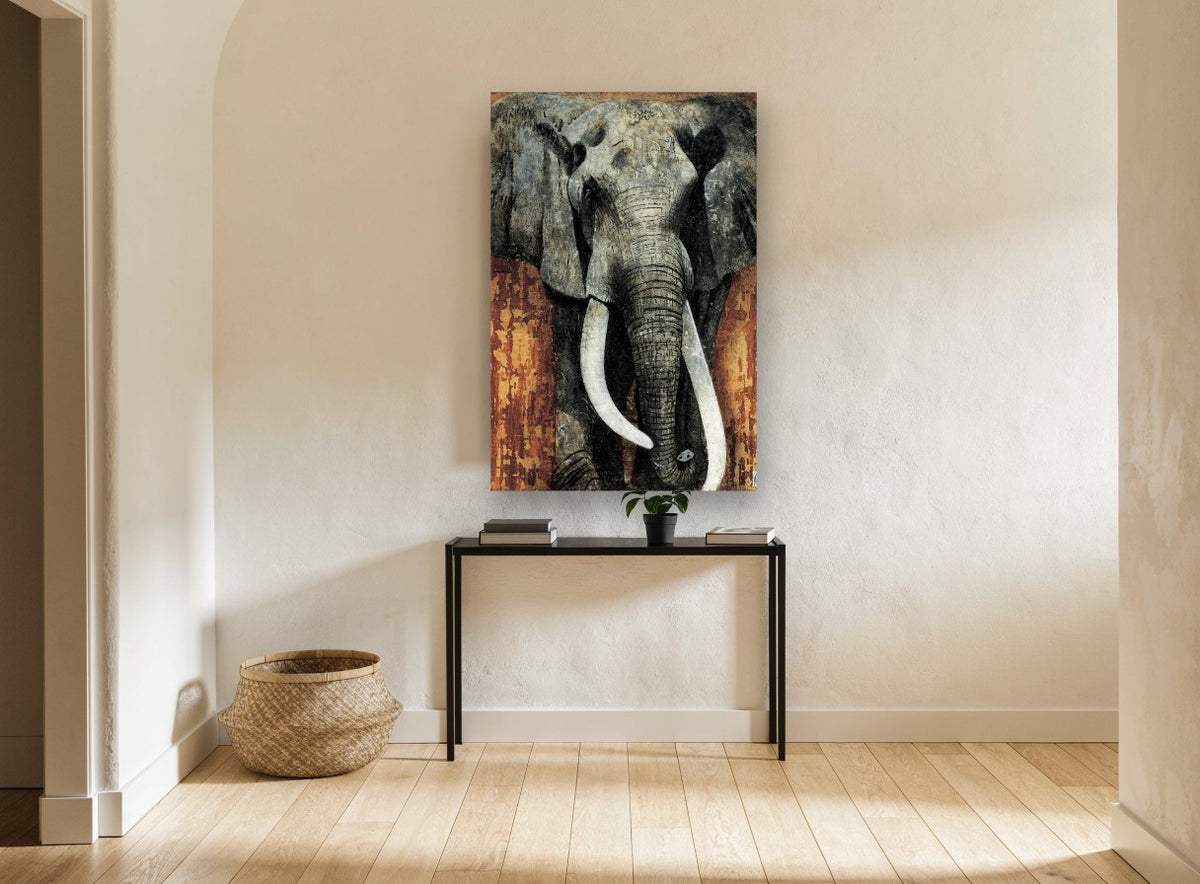 Rust Wall Elephant animal canvas print on the wall of a hallway