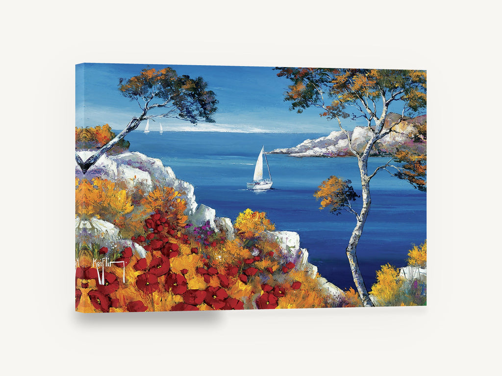 Poppy Cliff Sailing Bay, red poppies sailboat bay seascape, coastal canvas wall art print ready to hang