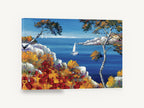 Poppy Cliff Sailing Bay, red poppies sailboat bay seascape, coastal canvas wall art print ready to hang