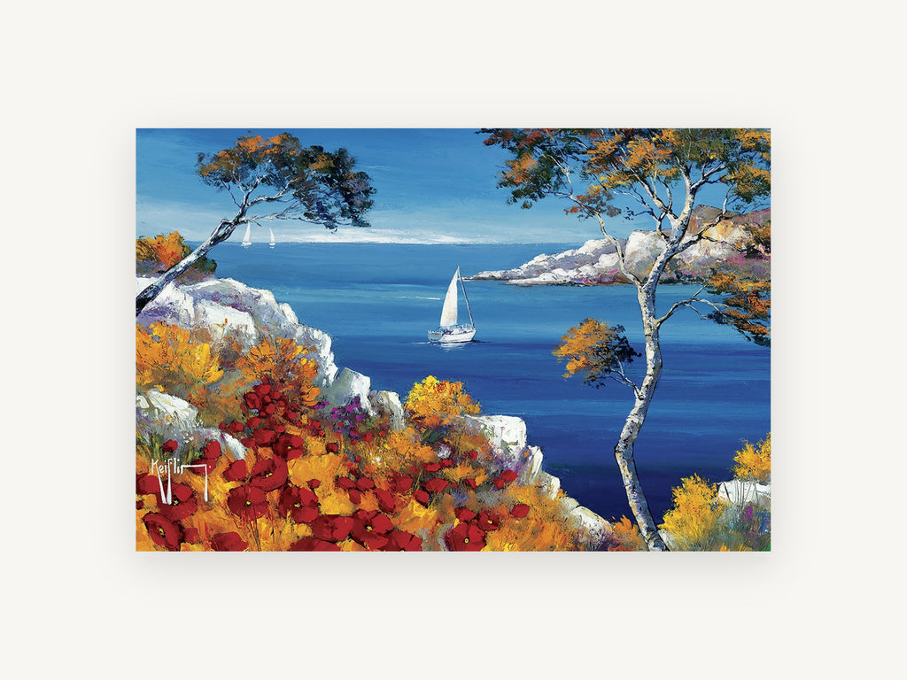 Poppy Cliff Sailing Bay, coastal canvas wall art print, front view
