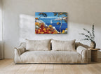 Poppy Cliff Sailing Bay coastal canvas print on the wall of a living room