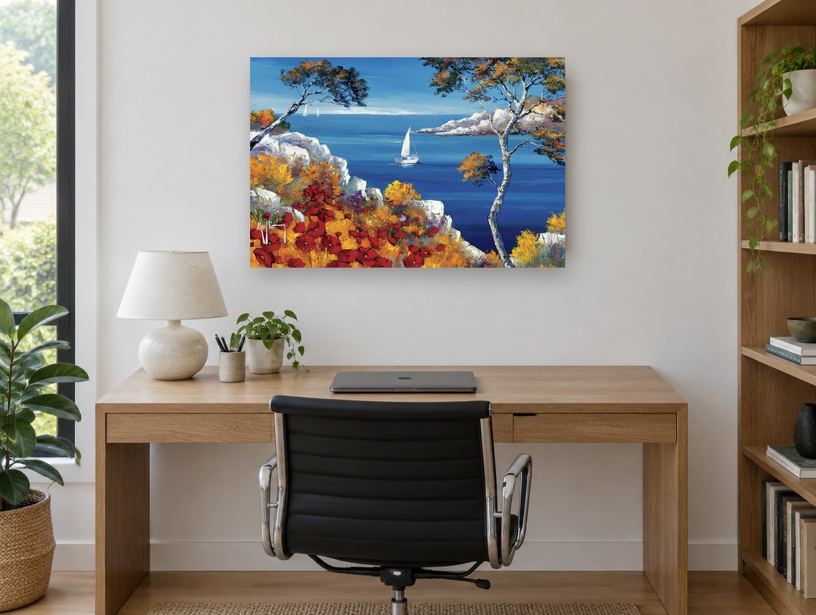 Poppy Cliff Sailing Bay coastal canvas print on the wall of a study