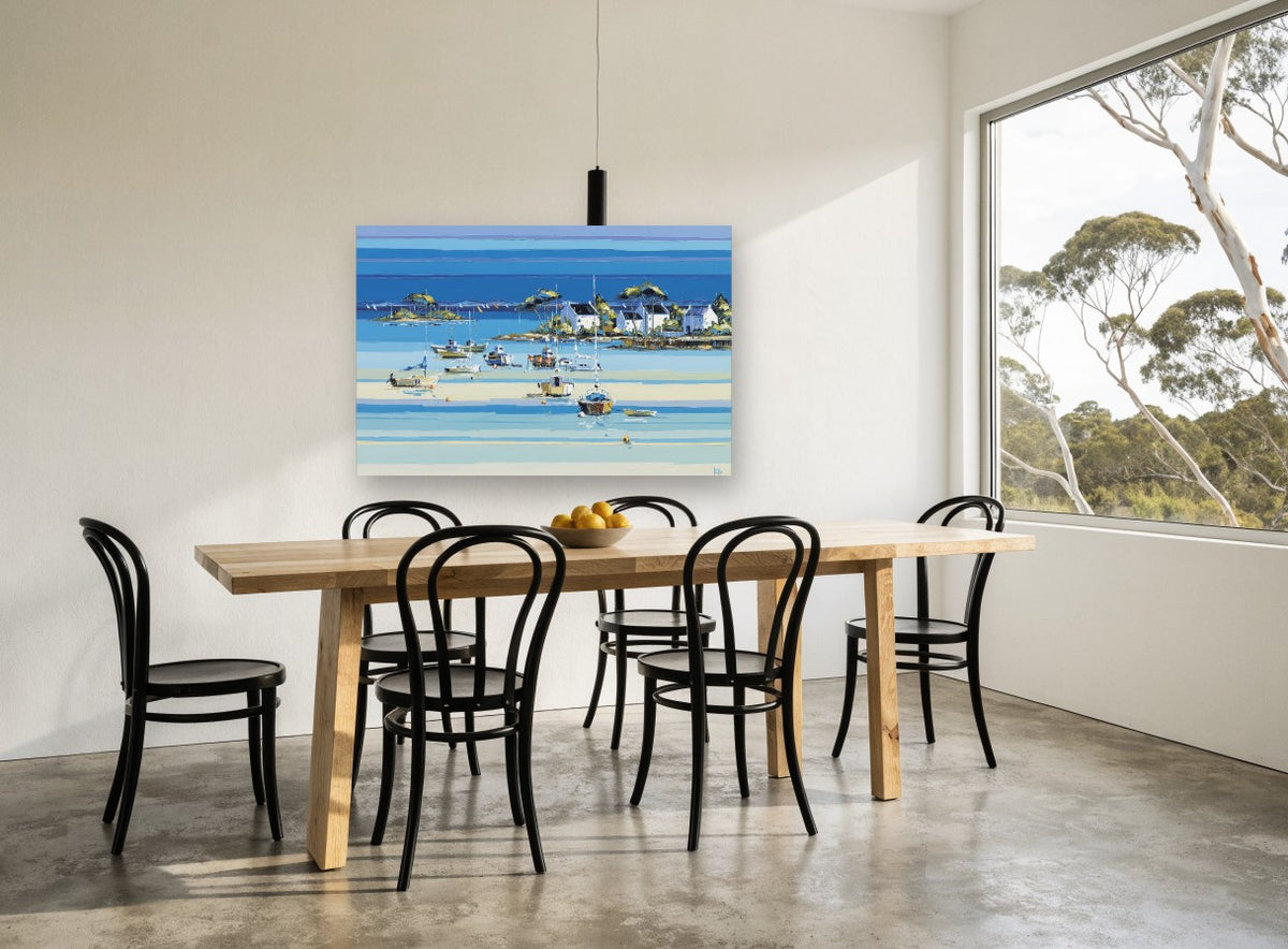 Low Tide Harbour Boats coastal canvas print on the wall of a dining room