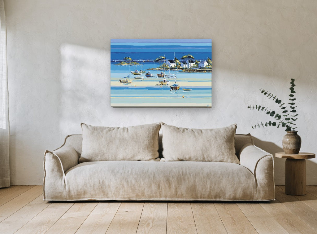Low Tide Harbour Boats coastal canvas print on the wall of a living room
