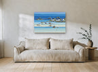 Low Tide Harbour Boats coastal canvas print on the wall of a living room