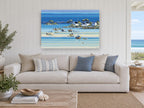 Low Tide Harbour Boats coastal canvas print on the wall of a beach house living room