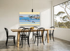 Sunlit Mooring Bay coastal canvas print on the wall of a dining room