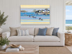 Sunlit Mooring Bay coastal canvas print on the wall of a beach house living room
