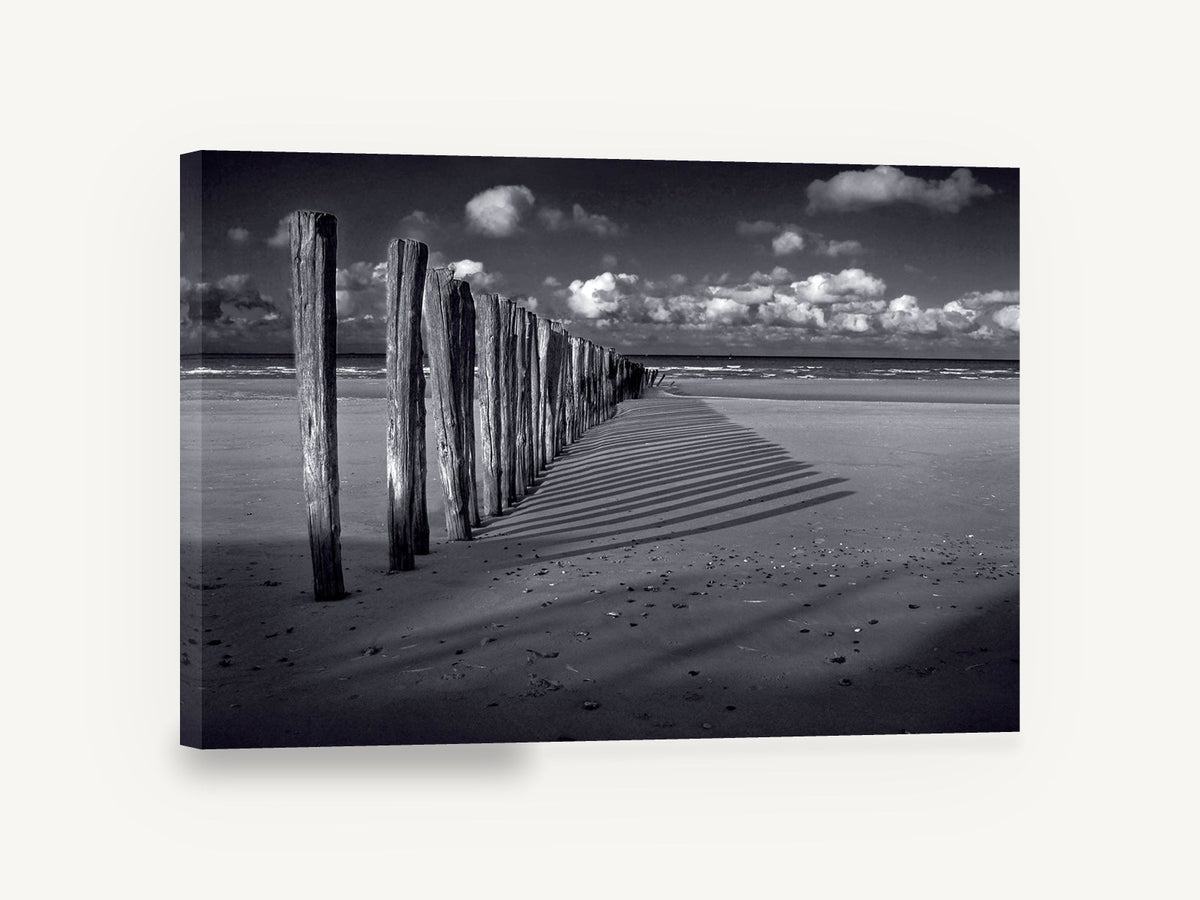Groyne Shadows at Low Tide, beach groyne posts black and white, coastal canvas wall art print ready to hang