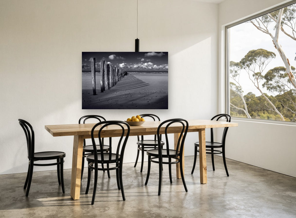 Groyne Shadows at Low Tide coastal canvas print on the wall of a dining room