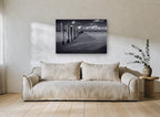 Groyne Shadows at Low Tide coastal canvas print on the wall of a living room