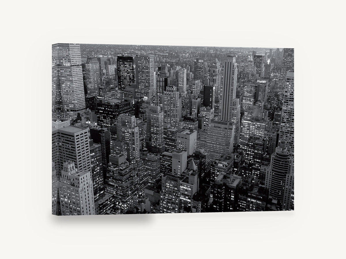 Midtown Grid at Dusk, new york aerial black and white photograph, city canvas wall art print ready to hang