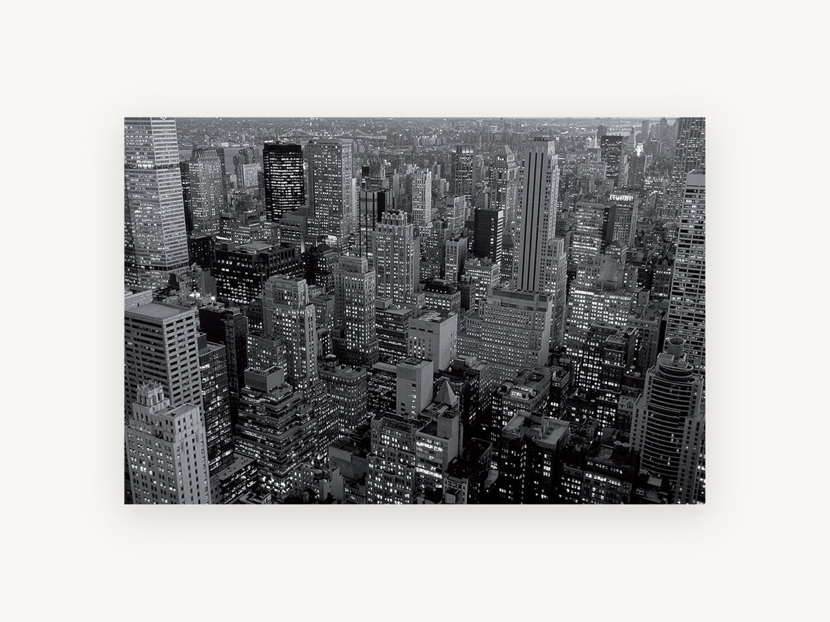 Midtown Grid at Dusk, new york aerial black and white photograph, city canvas wall art print, front view