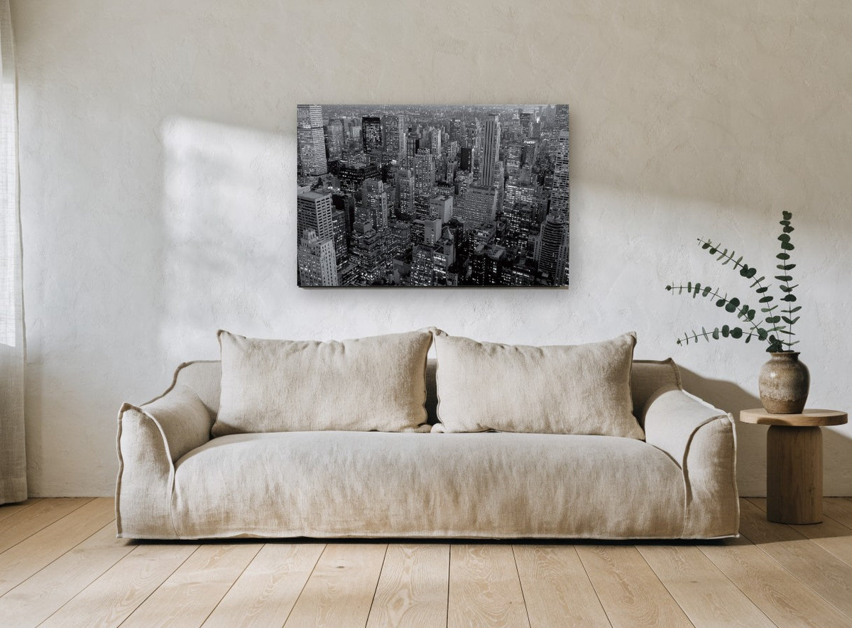 Midtown Grid at Dusk city canvas print on the wall of a living room