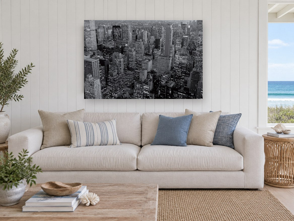 Midtown Grid at Dusk city canvas print on the wall of a beach house living room