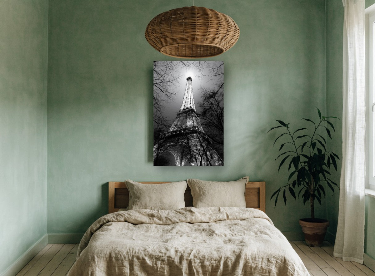 Eiffel Through Winter Branches city canvas print on the wall of a bedroom