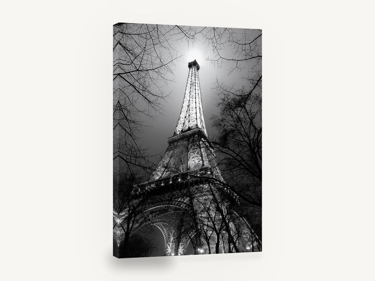 Eiffel Through Winter Branches, eiffel tower at night black and white photograph, city canvas wall art print ready to hang