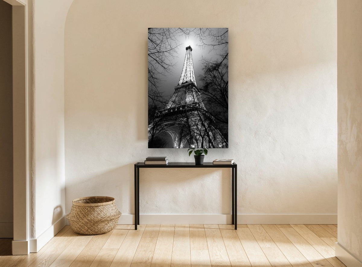 Eiffel Through Winter Branches city canvas print on the wall of a hallway
