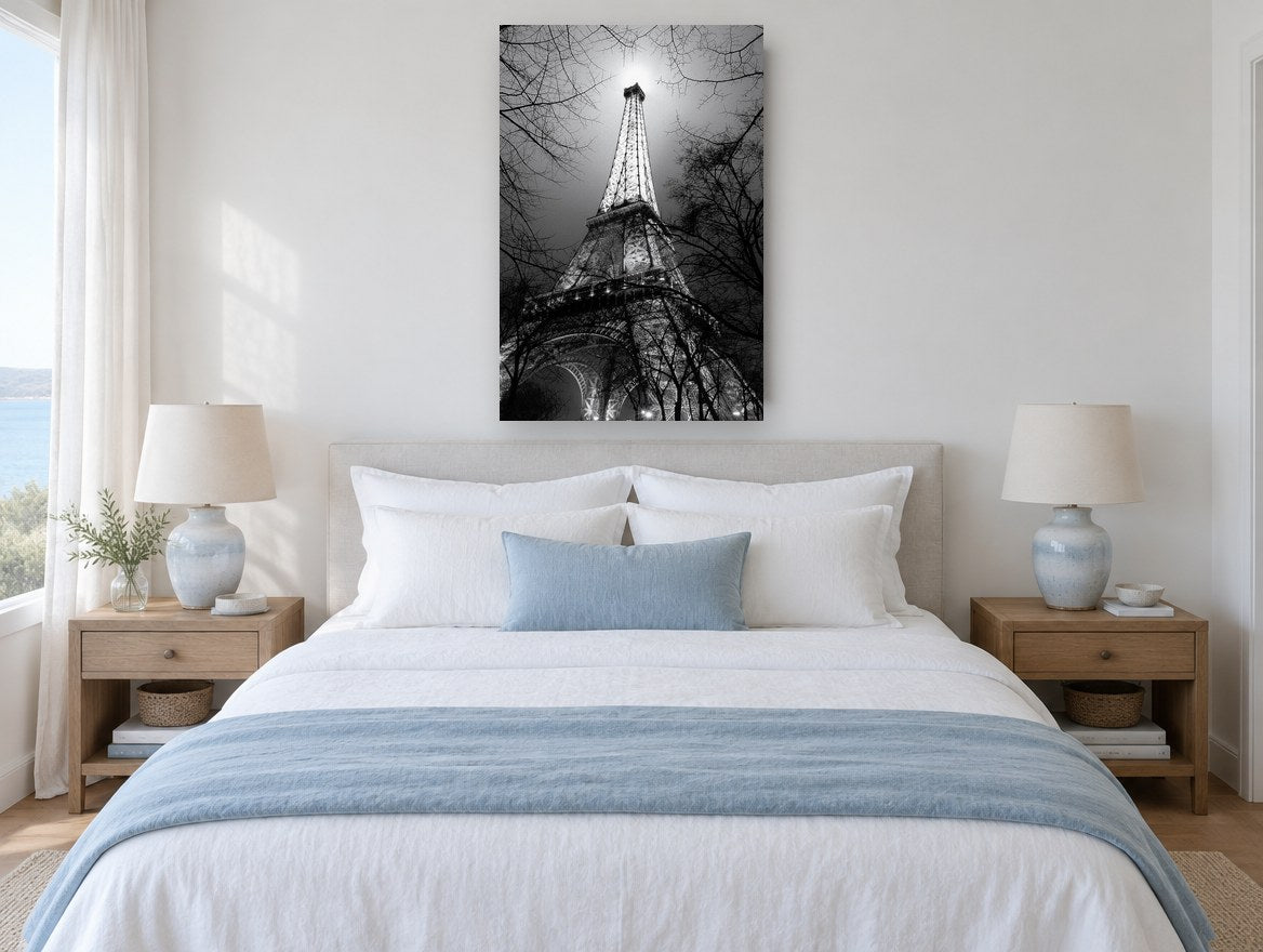 Eiffel Through Winter Branches city canvas print on the wall of a bedroom
