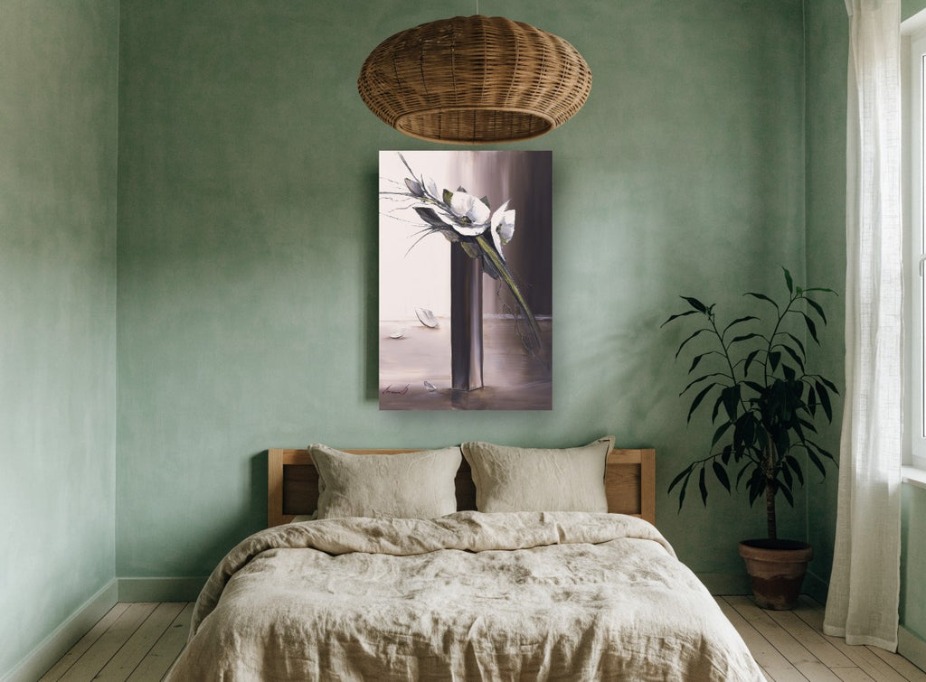 White Blooms Tall Vase floral canvas print on the wall of a bedroom