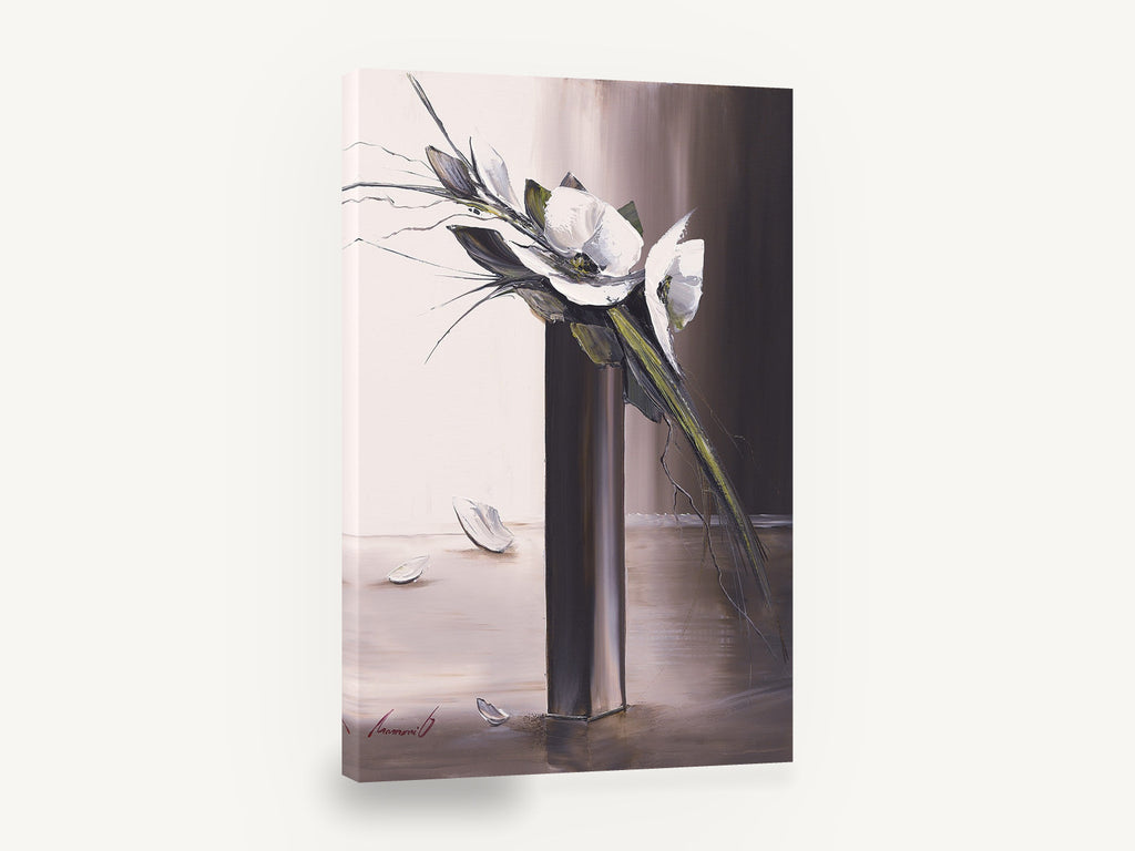 White Blooms Tall Vase, white flowers tall grey vase painting, floral canvas wall art print ready to hang