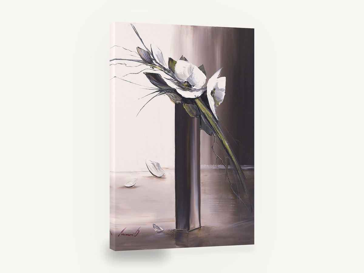 White Blooms Tall Vase, white flowers tall grey vase painting, floral canvas wall art print ready to hang
