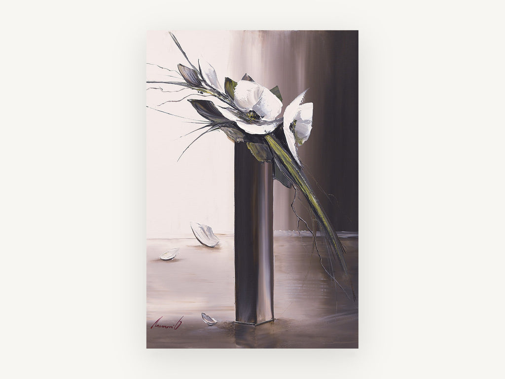White Blooms Tall Vase, floral canvas wall art print, front view