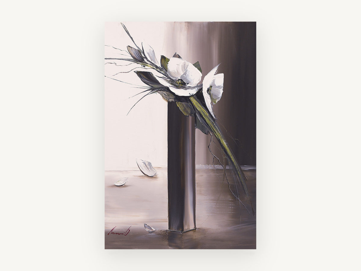 White Blooms Tall Vase, floral canvas wall art print, front view